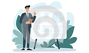 Flat vector illustration. A man in a strict suit is standing in front of a banner, holding a tablet and saying something