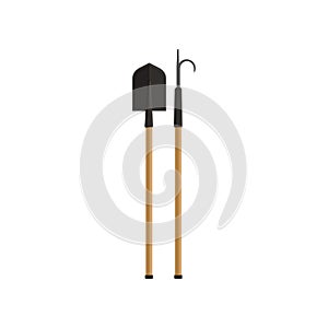 Flat vector illustration of metal pike pole and shovel with wooden handles. Tools using for prevent or extinguish fire