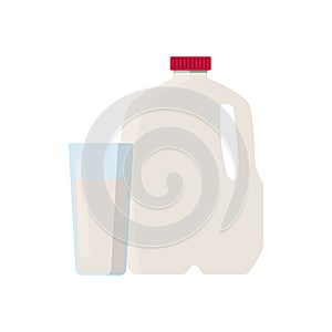 Flat vector illustration of milk in plastic gallon jug with red cap. and glass of milk. Isolated on white background.