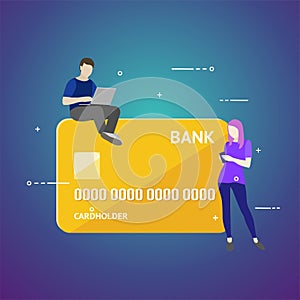 Flat vector illustration of mobile banking concept. Using a smartphone for operations with bank cards and accounts.