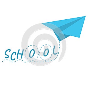 Flat vector illustration of origami paper airplane on white background with lettering School