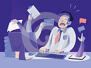 Flat vector illustration of overwhelmed office worker