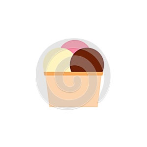 Flat vector illustration of a paper cup with chocolate, strawberry and vanilla balls of ice cream or gelato in bright colors.