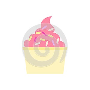 Flat vector illustration of paper cup with strawberry, raspberry soft serve ice cream or gelato or frozen yogurt in pink