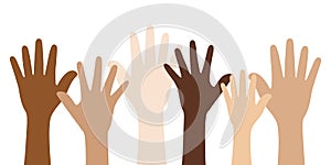 People with different skin colors raising their hands. Unity concept.