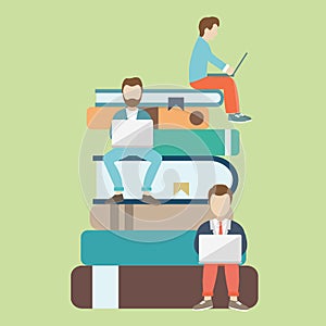 Flat vector illustration of people sitting on the big books and reading for self education. E-learning concept illustration of you