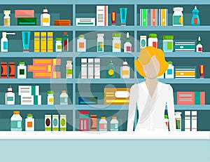 Flat vector illustration pharmacist pharmacy shelves medicines