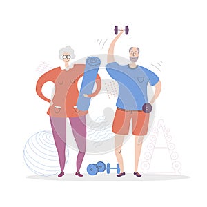 Flat vector illustration Senior Fitness. Smiling grandfather and grandmother exercising together.