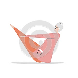 Flat vector illustration Senior Yoga. Cute grandmother in the Boat position.