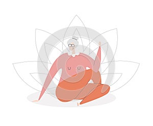 Flat vector illustration Senior Yoga. Cute grandmother in the Half Lord of the Fishes pose.