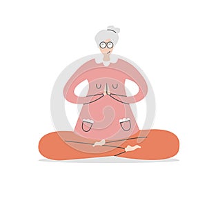 Flat vector illustration Senior Yoga. Cute grandmother in the Lotus position.