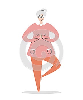 Flat vector illustration Senior Yoga. Cute grandmother in the Tree position.