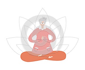 Flat vector illustration Senior Yoga. Lovely elderly woman meditating in the Lotus position.