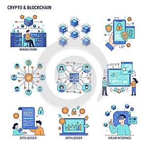 A Flat Vector Illustration Set of Cryptocurrency and Blockchain Concepts