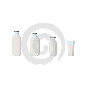 Flat vector illustration set of milk, kefir in different glass bottles. Isolated on white background.