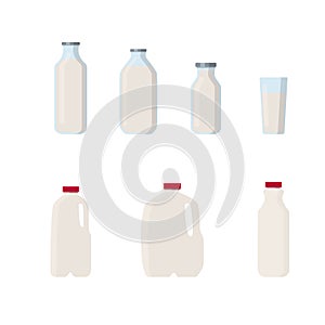 Flat vector illustration set of milk, kefir in different plastic packages and bottles. Isolated on white background.