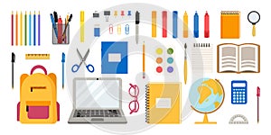 Flat vector illustration of set of school and office supplies. Back to school concept.