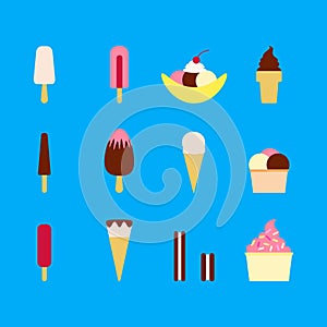 Flat vector illustration of set of various types of ice cream including frozen yogurt, gelato, soft serve, waffle cones