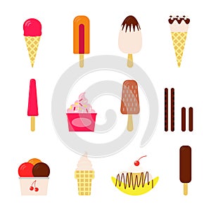 Flat vector illustration of set of various types of ice cream including frozen yogurt, gelato, soft serve, waffle cones