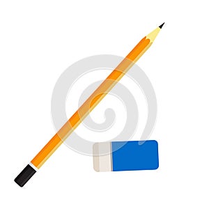 Flat vector illustration of simple lead pencil of orange and yellow color and a blue rubber eraser. Isolated on white