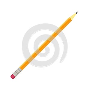 Flat vector illustration of simple lead pencil of orange and yellow color with pink rubber eraser. Isolated on white