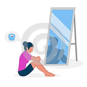 Flat vector illustration of a skinny girl with low self-esteem sitting in front of a mirror. The girl looks into her