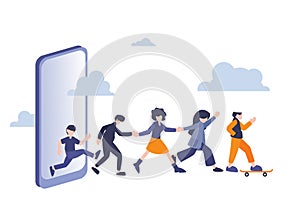 Flat vector illustration, Smartphone and user, phone with line of people walking from screen. Referral system, refer friend,