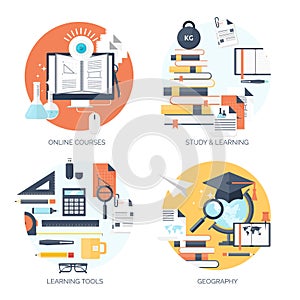 Flat vector illustration. Study ,learning concept background. Distance education and online courses, brainstorm