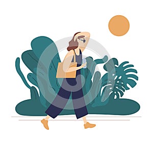 Flat vector illustration of summer hot weather isolated on white background. Young woman in jumpsuit walking in park