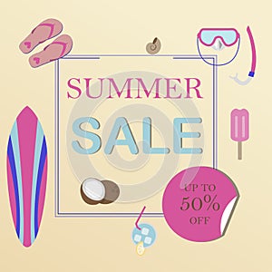 Flat vector illustration of a summer sale of goods. Advertising on a banner, website or flyer about 50 percent discounts