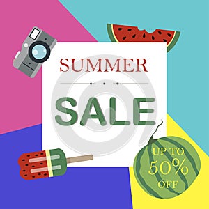 Flat vector illustration of a summer sale of goods. Advertising on a banner, website or flyer about 50 percent discounts