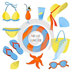 Flat vector illustration on the theme of summer. Beach holidays. Bright summer colors. Sea season.