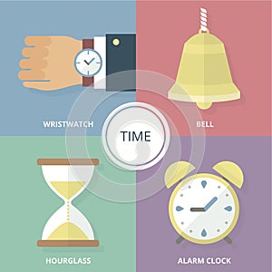Flat vector illustration. Time. Modern flat colorful vector business icons set.