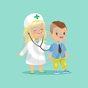 Flat vector illustration of two adorable babies playing in doctor and patient game. Baby girl examining her brother with