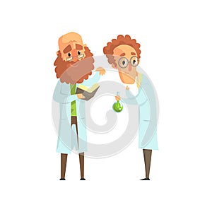 Flat vector illustration of two men scientists in laboratory. Bearded biologist with book, chemist with glass flask with