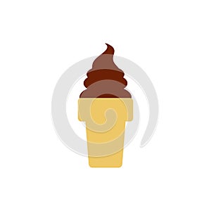 Flat vector illustration of waffle cone or cup with soft serve vanilla chocolate ice cream or gelato. Isolated on white