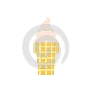 Flat vector illustration of waffle cone or cup with soft serve vanilla ice cream or gelato in pastel colors. Isolated on