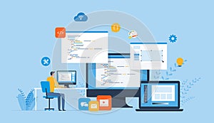 flat vector illustration web design and web application design process concept. with a web designer