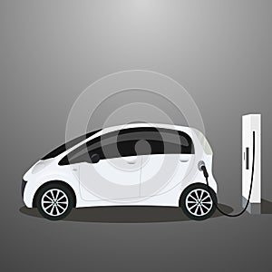 Flat vector illustration of a white electric car suv station. Electromobility e-motion concept.