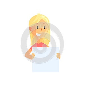 Flat vector illustration of young female with blank placard in hands. Cartoon blond girl character with broad smile