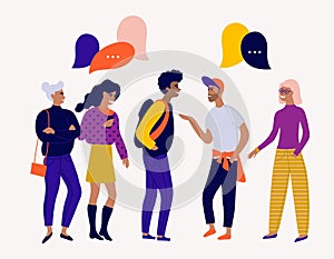 Flat vector illustration with young people characters with colorful dialog speech bubbles. Discussing, chatting, conversation, dia