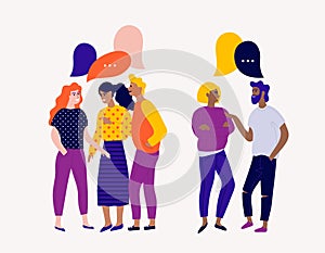 Flat vector illustration with young people characters with colorful dialog speech bubbles. Discussing, chatting, conversation, dia