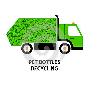 A flat vector image of a garbage truck full with plastic bottles.
