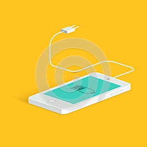 Flat vector image of phone, cable and charger. Phone charge image. Low battery. Isometric view. Vector flat style.