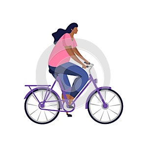 Flat vector image of woman riding bicycle.