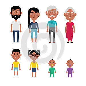 Flat Vector Indian Family Members. Parents, Grandparents, Children