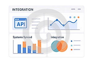 Flat vector integration dashboard UI mockup with charts, APIs and synced systems, isolated