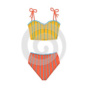 Flat vector isolated illustration of drawing trendy female beachwear with neck ties. Two piece