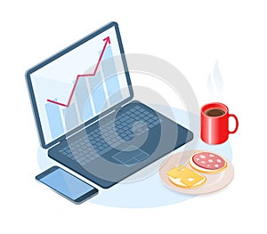 Flat vector isometric concept illustration of office breakfast.