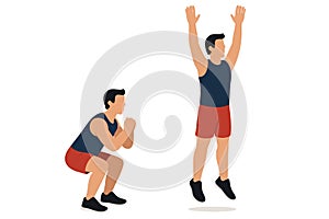 Flat vector jump squat with down and up body positions shown step-by-step, isolated